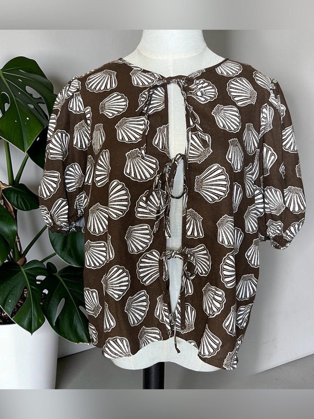 Marc New York Linen Shell Print Tie-Back Blouse Top L Coastal Beach Resort